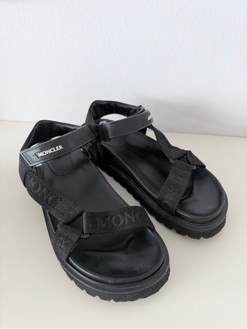 Moncler Black Platform Sport Sandals with Branded Webbing